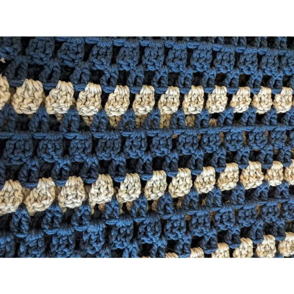 Handmade Dark Blue and Gray Crocheted Afghan throw w/ Fringe 84
